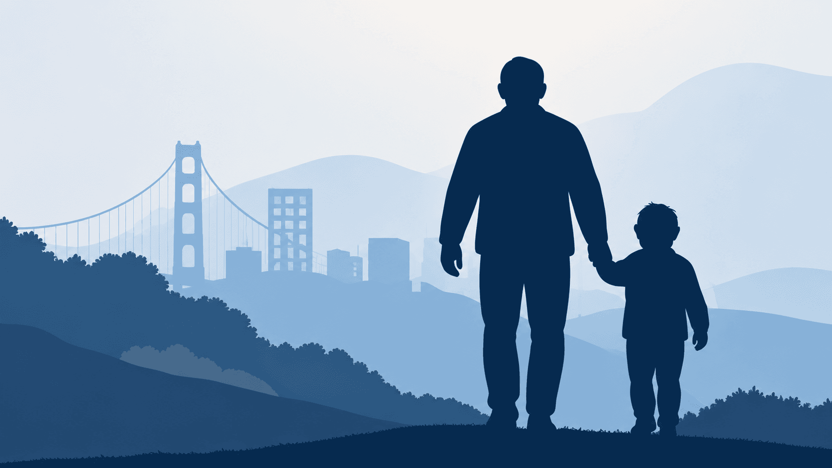 A dad and his kid walking together, city skyline behind them